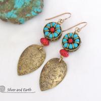 Bold Exotic Statement Earrings with Gold Brass and Tibetan Turquoise & Coral Colored Beads 