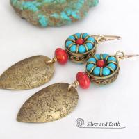 Bold Exotic Statement Earrings with Gold Brass and Tibetan Turquoise & Coral Colored Beads 