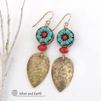 Bold Exotic Statement Earrings with Gold Brass and Tibetan Turquoise & Coral Colored Beads 