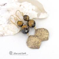 Faceted Golden Brown Tiger's Eye Gemstone Earrings Accented with Hammered Gold Brass Dangles