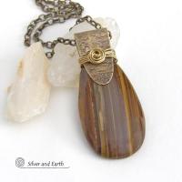Gold Brass Pendant Necklace with Natural Brown Tiger's Eye Gemstone