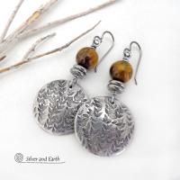 Silver Pewter Nature Earrings with Hand Stamped Leaf Texture and Brown Tiger's Eye Gemstones