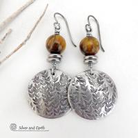 Silver Pewter Nature Earrings with Hand Stamped Leaf Texture and Brown Tiger's Eye Gemstones