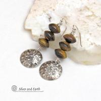 Small Sterling Silver Dangle Earrings with Brown Tiger's Eye Stones