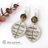 Sterling Silver Leaf Earrings with Brown Tiger's Eye Stones - Earthy Nature Jewelry