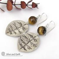 Sterling Silver Leaf Earrings with Brown Tiger's Eye Stones - Earthy Nature Jewelry