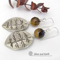 Sterling Silver Leaf Earrings with Brown Tiger's Eye Stones - Earthy Nature Jewelry