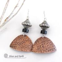 Textured Copper Earrings with Silver Beads & Black Agate Stones - Modern Mixed Metal Jewelry