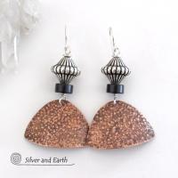 Textured Copper Earrings with Silver Beads & Black Agate Stones - Modern Mixed Metal Jewelry