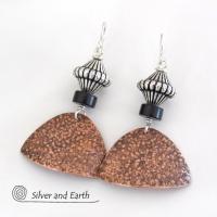 Textured Copper Earrings with Silver Beads & Black Agate Stones - Modern Mixed Metal Jewelry