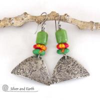 Rustic Tribal Sterling Silver Earrings with Colorful African Glass Beads and Green Serpentine Stones