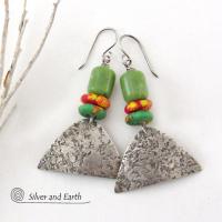 Rustic Tribal Sterling Silver Earrings with Colorful African Glass Beads and Green Serpentine Stones