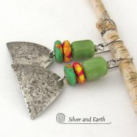Rustic Tribal Sterling Silver Earrings with Colorful African Glass Beads and Green Serpentine Stones