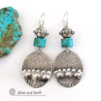 Turquoise & Sterling Silver Oval Dangle Earrings - Tribal Southwestern Style Jewelry