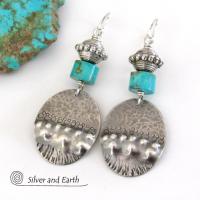 Turquoise & Sterling Silver Oval Dangle Earrings - Tribal Southwestern Style Jewelry