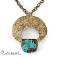 Large Gold Brass Crescent Moon Necklace with Natural Turquoise Gemstone