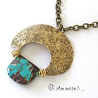 Large Gold Brass Crescent Moon Necklace with Natural Turquoise Gemstone