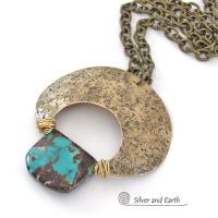 Large Gold Brass Crescent Moon Necklace with Natural Turquoise Gemstone