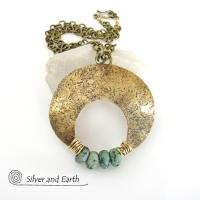 Big Bold Gold Brass Crescent Moon Necklace with African Turquoise Stones - Modern Bohemian Statement Jewelry