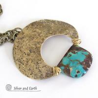 Large Gold Brass Crescent Moon Necklace with Natural Turquoise Gemstone