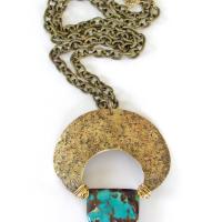 Large Gold Brass Crescent Moon Necklace with Natural Turquoise Gemstone