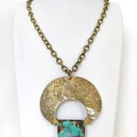 Large Gold Brass Crescent Moon Necklace with Natural Turquoise Gemstone