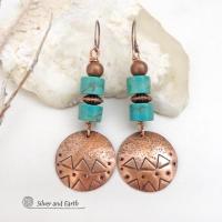 Turquoise and Copper Hand Stamped Earrings - Handcrafted Southwestern Style Jewelry