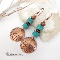Handcrafted copper dangle earrings with a hand stamped texture accented with a stack of genuine turquoise stones and copper beads. They have an earthy, southwest boho tribal style that makes a bold unique statement. They'll make a great gift for women that love the southwest style - or a nice addition to your own jewelry wardrobe. Silver and Earth Jewelry is a New Mexico True Certified business known for unique, hancrafted designs.