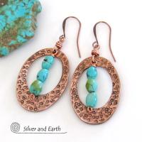 Turquoise & Copper Oval Hoop Dangle Earrings - Modern Trendy Boho Jewelry