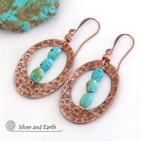 Turquoise & Copper Oval Hoop Dangle Earrings - Modern Trendy Boho Jewelry