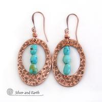 Turquoise & Copper Oval Hoop Dangle Earrings - Modern Trendy Boho Jewelry