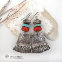 These handcrafted earrings feature hammered and hand stamped sterling silver dangles accented with a stack of natural turquoise stones, fossilized red coral and oxidized sterling silver Native style beads with a rich, corrugated texture. They have a modern, southwestern tribal flair that makes a bold statement. Perfect for women that love the Santa Fe southwest style.The earrings are handmade and are a beautiful example of southwest style jewelry. Handmade by Silver and Earth, a New Mexico True Certified b 