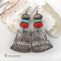 Textured Sterling Silver Earrings with Turquoise & Red Coral - Modern Southwestern Jewelry