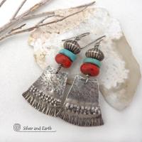 These handcrafted earrings feature hammered and hand stamped sterling silver dangles accented with a stack of natural turquoise stones, fossilized red coral and oxidized sterling silver Native style beads with a rich, corrugated texture. They have a modern, southwestern tribal flair that makes a bold statement. Perfect for women that love the Santa Fe southwest style.The earrings are handmade and are a beautiful example of southwest style jewelry. Handmade by Silver and Earth, a New Mexico True Certified b 