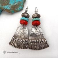 These handcrafted earrings feature hammered and hand stamped sterling silver dangles accented with a stack of natural turquoise stones, fossilized red coral and oxidized sterling silver Native style beads with a rich, corrugated texture. They have a modern, southwestern tribal flair that makes a bold statement. Perfect for women that love the Santa Fe southwest style.The earrings are handmade and are a beautiful example of southwest style jewelry. Handmade by Silver and Earth, a New Mexico True Certified b 