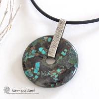 Natural Turquoise Sterling Silver Pendant - Rustic Organic Earthy Stone Jewelry