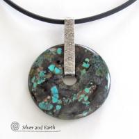 Natural Turquoise Sterling Silver Pendant - Rustic Organic Earthy Stone Jewelry