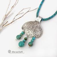 Sterling Silver Pendant with Turquoise Fringe Dangles on Turquoise Heishi Necklace - Southwestern Style Jewelry