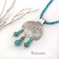Sterling Silver Pendant with Turquoise Fringe Dangles on Turquoise Heishi Necklace - Southwestern Style Jewelry