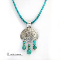 Sterling Silver Pendant with Turquoise Fringe Dangles on Turquoise Heishi Necklace - Southwestern Style Jewelry