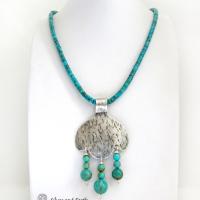 Sterling Silver Pendant with Turquoise Fringe Dangles on Turquoise Heishi Necklace - Southwestern Style Jewelry