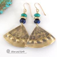 Gold Brass Earrings with Lapis Lazuli & Turquoise - Egyptian Inspired Jewelry