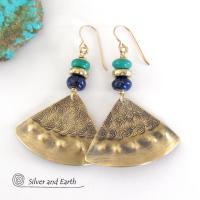 Gold Brass Earrings with Lapis Lazuli & Turquoise - Egyptian Inspired Jewelry