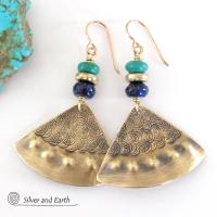 Gold Brass Earrings with Lapis Lazuli & Turquoise - Egyptian Inspired Jewelry