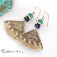 Gold Brass Earrings with Lapis Lazuli & Turquoise - Egyptian Inspired Jewelry