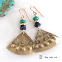 Gold Brass Earrings with Lapis Lazuli & Turquoise - Egyptian Inspired Jewelry