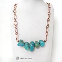 Chunky Turquoise Necklace on Copper Chain - Earthy Natural Turquoise Jewelry