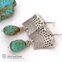 Hand Stamped Sterling Silver & Natural Turquoise Earrings - Bold Modern Southwest Style Handcrafted Jewelry 