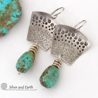 Hand Stamped Sterling Silver & Natural Turquoise Earrings - Bold Modern Southwest Style Handcrafted Jewelry 