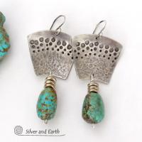 Hand Stamped Sterling Silver & Natural Turquoise Earrings - Bold Modern Southwest Style Handcrafted Jewelry 